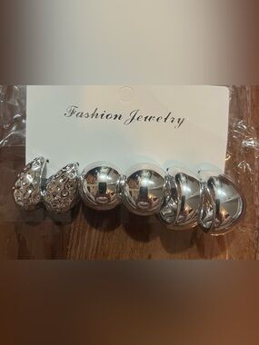 3 Pairs Chunky Silver High-Shine Earrings
